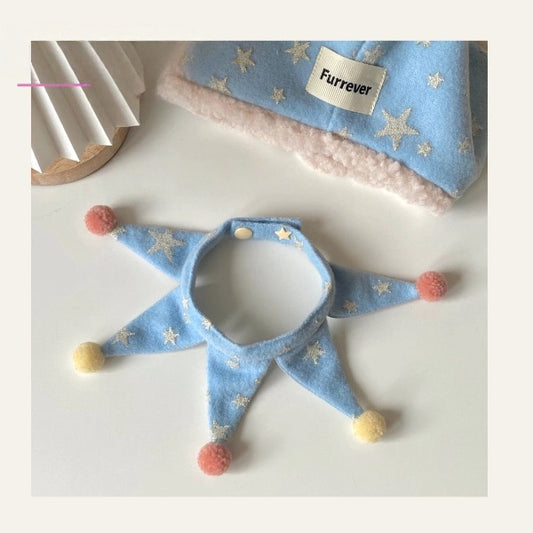 Blue star-themed dog hat and matching cape set for small pets